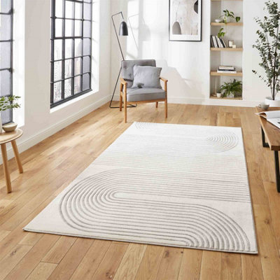  - Grey Ivory Abstract Striped Modern Easy To Clean Rug For Dining Room-160Cm X 220Cm