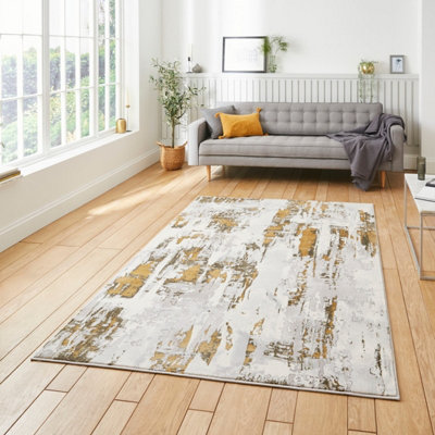  - Grey Gold Abstract Modern Easy To Clean Polypropylene Rug For Living Room Bedroom And Dining Room-120Cm X 170Cm