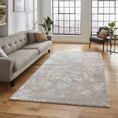 Grey Gold Abstract Modern Easy To Clean Rug For Dining Room-160Cm X 220Cm from B&Q
