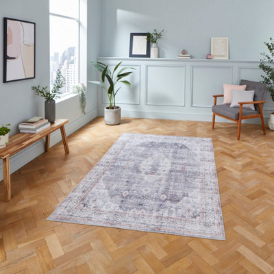Grey Traditional Bordered Geometric Rug Easy To Clean Living Room And Bedroom-150Cm X 230Cm from B&Q