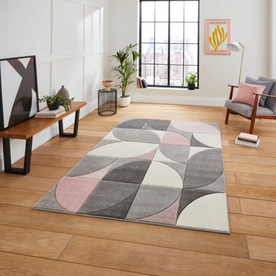  - Grey Rose Easy To Clean Geometric Abstract Rug For Diningroom-80Cm X 150Cm