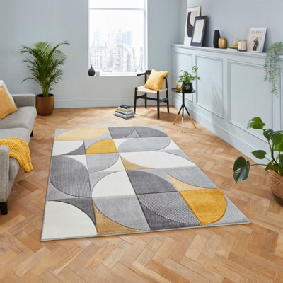  - Grey Yellow Easy To Clean Geometric Abstract Rug For Diningroom-160Cm X 220Cm