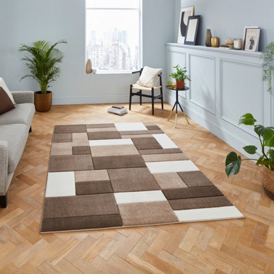  - Beige Brown Modern Easy To Clean Geometric Rug For Dining Room-120Cm X 170Cm