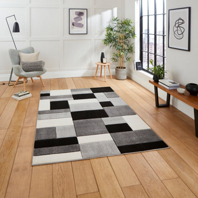  - Grey Black Modern Easy To Clean Geometric Rug For Dining Room-120Cm X 170Cm