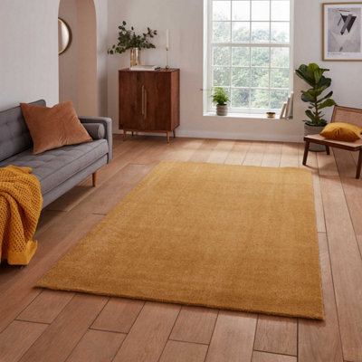 B&Q Yellow Plain Shaggy Modern Rug Easy To Clean Dining Room-120Cm X 170Cm