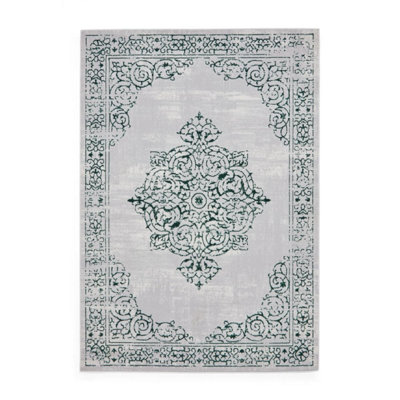 Green Silver Traditional Bordered Abstract Easy To Clean Dining Room Bedroom & Living Room Rug-80Cm X 150Cm from B&Q