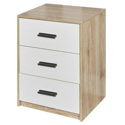 Urbn-Living Urbnliving Height 56Cm 3 Drawer Wooden Bedroom Oak Carcass And White Drawers Bedside Cabinet Furniture Storage Nightstand from B&Q