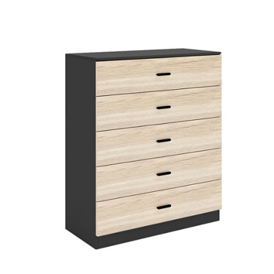 Urbn-Living Urbnliving Height 90.5Cm 5 Drawer Wooden Bedroom Chest Cabinet Modern Black Carcass And Oak Drawers Wide Storage Cupboard Closet from B&Q