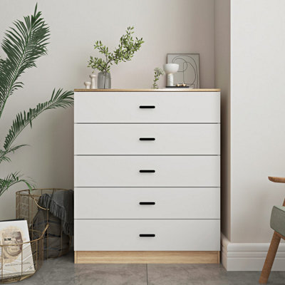 Urbn-Living Urbnliving Height 90.5Cm 5 Drawer Wooden Bedroom Chest Cabinet Modern Oak Carcass And White Drawers Wide Storage Cupboard Closet from B&Q