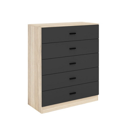 Urbn-Living Urbnliving Height 90.5Cm 5 Drawer Wooden Bedroom Chest Cabinet Modern Oak Carcass And Black Drawers Wide Storage Cupboard Closet from B&Q