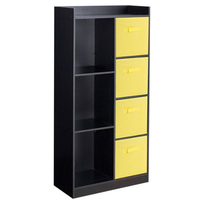 B&Q -  Urbnliving Height 128Cm Wooden Black 7 Cube Bookcase With Yellow Drawers Tall Shelving Display Storage Unit Cabinet