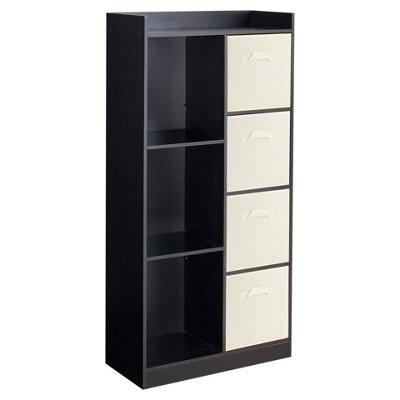 B&Q -  Urbnliving Height 128Cm Wooden Black 7 Cube Bookcase With Cream Drawers Tall Shelving Display Storage Unit Cabinet