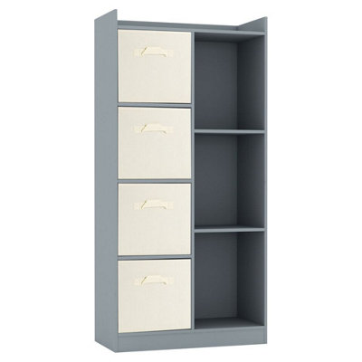 B&Q -  Urbnliving Height 128Cm Wooden Grey 7 Cube Bookcase With Cream Drawers Tall Shelving Display Storage Unit Cabinet