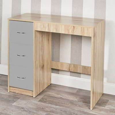 Urbn-Living Urbnliving Height 79.5Cm 3 Drawer Wooden Bedroom Dressing Computer Work Table Desk Oak Carcass And Grey Drawers Jewellery from B&Q