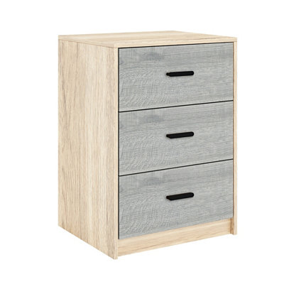 Urbn-Living Urbnliving Height 56Cm 3 Drawer Wooden Bedroom Bedside Cabinet Furniture Oak Carcass And Grey Oak Drawers Storage Nightstand from B&Q