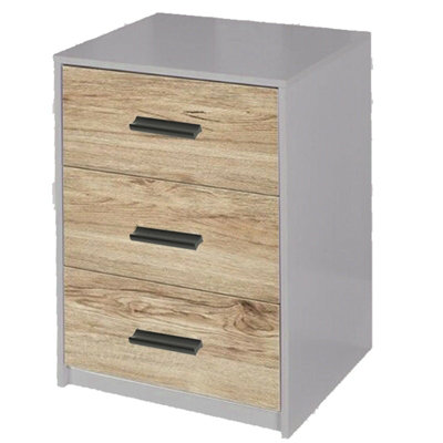Urbn-Living Urbnliving Height 56Cm 3 Drawer Wooden Bedroom Bedside Cabinet Furniture Grey Carcass And Oak Drawers Storage Nightstand from B&Q