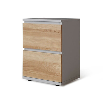 B&Q -  Urbnliving Height 49Cm 2 Drawer Wooden Bedroom Bedside Cabinet Colour Grey Carcass And Oak Drawers No Handle Nightstand