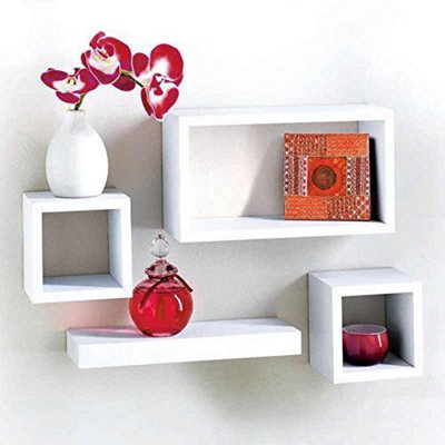 Urbn-Living Urbnliving Height 16Cm Set Of 4 Wooden White Cube Shelves Wall Storage Display from B&Q