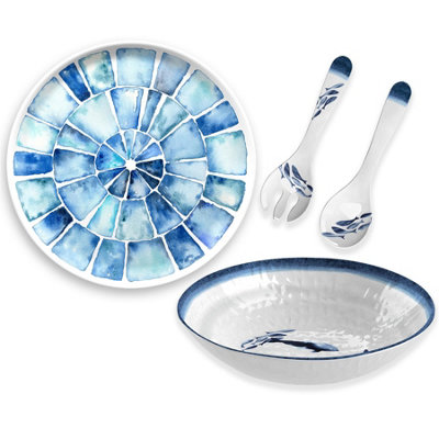 Purely Home Coastal Melamine Round PlatterSalad Bowl & Servers Set from B&Q