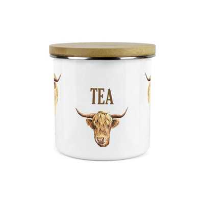 Purely Home Highland Cow Tea CanisterWhite Metal Enamel Kitchen Food Storage Container from B&Q