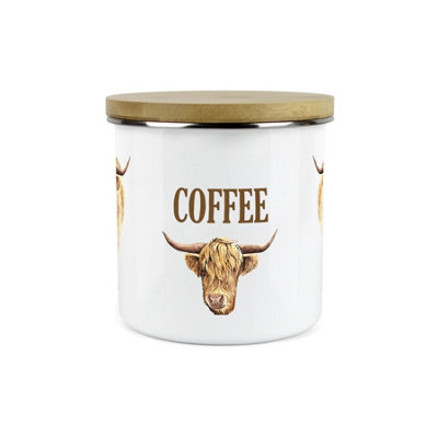 Purely Home Highland Cow Coffee CanisterWhite Metal Enamel Kitchen Food Storage Container from B&Q