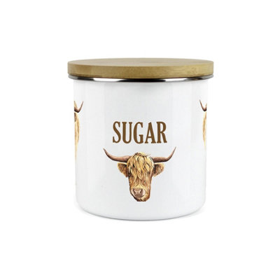 Purely Home Highland Cow Sugar CanisterWhite Metal Enamel Kitchen Food Storage Container from B&Q