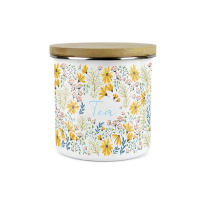 Purely Home Floral Daisies Tea CanisterWhite Metal Enamel Kitchen Food Storage Container from B&Q