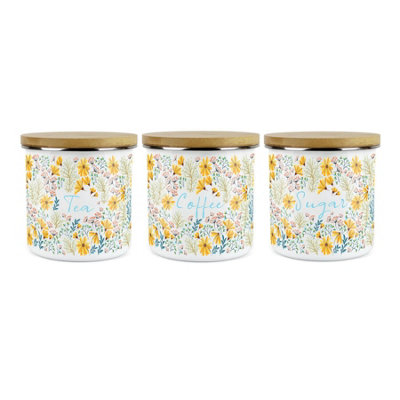 Purely Home Floral Daisies TeaCoffee & Sugar Canister SetWhite Metal Enamel Kitchen Food Storage Containers from B&Q