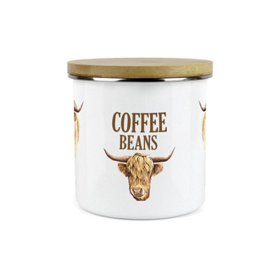 Purely Home Highland Cow Coffee Beans CanisterWhite Metal Enamel Kitchen Food Storage Container from B&Q