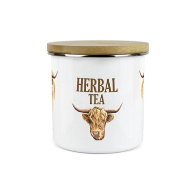 Purely Home Highland Cow Herbal Tea CanisterWhite Metal Enamel Kitchen Food Storage Container from B&Q