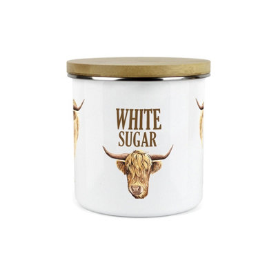 Purely Home Highland Cow White Sugar CanisterWhite Metal Enamel Kitchen Food Storage Container from B&Q