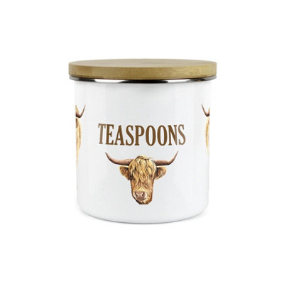 Purely Home Highland Cow Teaspoons CanisterWhite Metal Enamel Kitchen Food Storage Container from B&Q