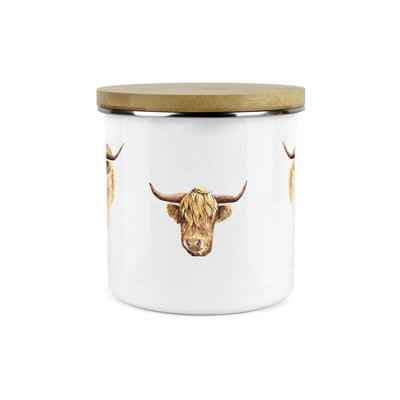 Purely Home Highland Cow CanisterWhite Metal Enamel Kitchen Food Storage Container from B&Q