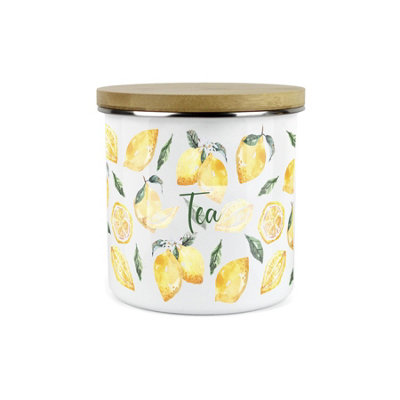 Purely Home Painted Lemons Tea CanisterWhite Metal Enamel Kitchen Food Storage Container from B&Q