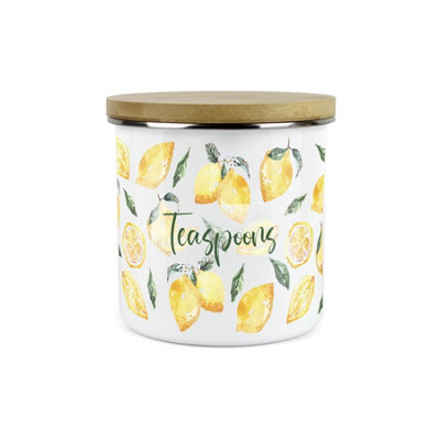 Purely Home Painted Lemons Teaspoons CanisterWhite Metal Enamel Kitchen Food Storage Container from B&Q