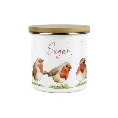 Purely Home English Robins Sugar CanisterWhite Metal Enamel Kitchen Food Storage Container from B&Q