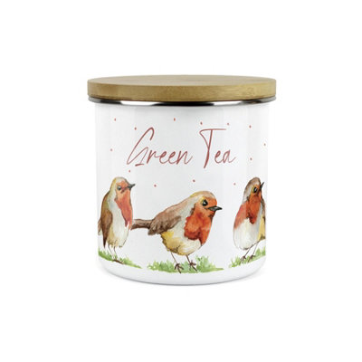 Purely Home English Robins Green Tea CanisterWhite Metal Enamel Kitchen Food Storage Container from B&Q