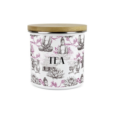 Purely Home Asian Scenes Tea CanisterWhite Metal Enamel Kitchen Food Storage Container from B&Q