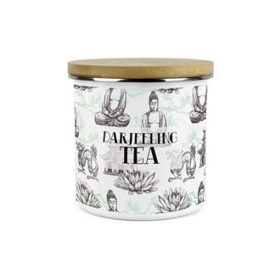 Purely Home Asian Scenes Darjeeling Tea CanisterWhite Metal Enamel Kitchen Food Storage Container from B&Q