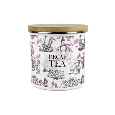 Purely Home Asian Scenes Decaf Tea CanisterWhite Metal Enamel Kitchen Food Storage Container from B&Q