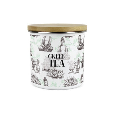 Purely Home Asian Scenes Green Tea CanisterWhite Metal Enamel Kitchen Food Storage Container from B&Q
