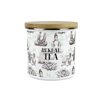 Purely Home Asian Scenes Herbal Tea CanisterWhite Metal Enamel Kitchen Food Storage Container from B&Q