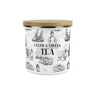 Purely Home Asian Scenes Lemon & Ginger Tea CanisterWhite Metal Enamel Kitchen Food Storage Container from B&Q