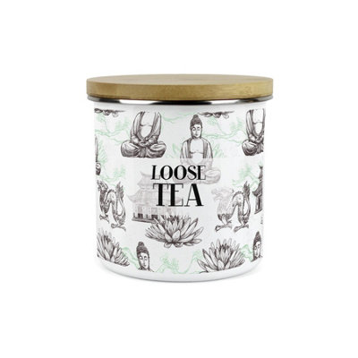 Purely Home Asian Scenes Loose Tea CanisterWhite Metal Enamel Kitchen Food Storage Container from B&Q