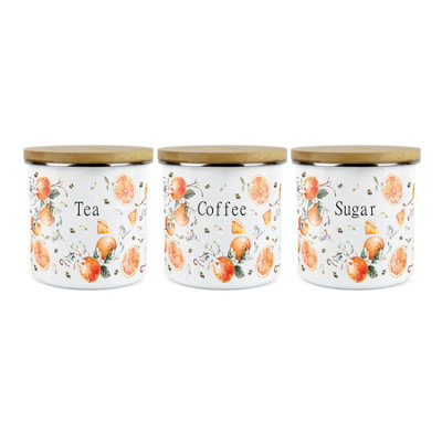Purely Home Painted Tangerines Tea Coffee Sugar Canister SetWhite Metal Enamel Kitchen Food Storage Containers from B&Q