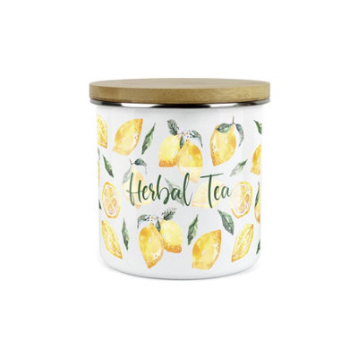 Purely Home Painted Lemons Herbal Tea CanisterWhite Metal Enamel Kitchen Food Storage Container from B&Q