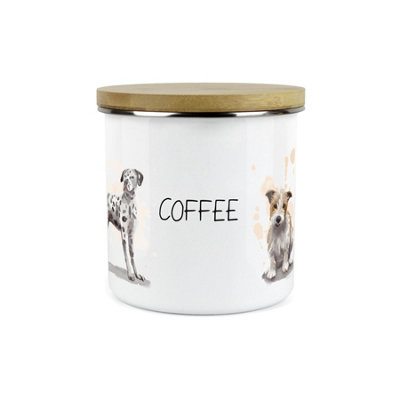 Purely Home Dog Themed Coffee CanisterDalmation Frenchie Terrier SpanielWhite Metal Enamel Kitchen Food Storage Container from B&Q