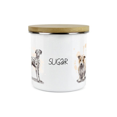 Purely Home Dog Themed Sugar CanisterDalmation Frenchie Terrier SpanielWhite Metal Enamel Kitchen Food Storage Container from B&Q