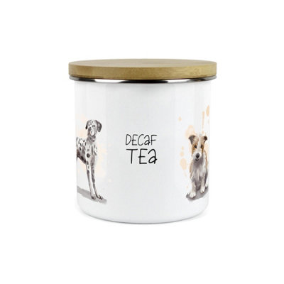 Purely Home Dog Themed Decaf Tea CanisterDalmation Frenchie Terrier SpanielWhite Enamel Kitchen Food Storage Container from B&Q