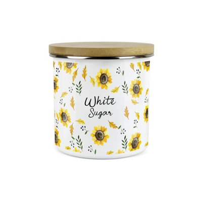 Purely Home Yellow Sunflowers White Sugar Storage CanisterWhite Metal Enamel Kitchen Food Storage Container from B&Q